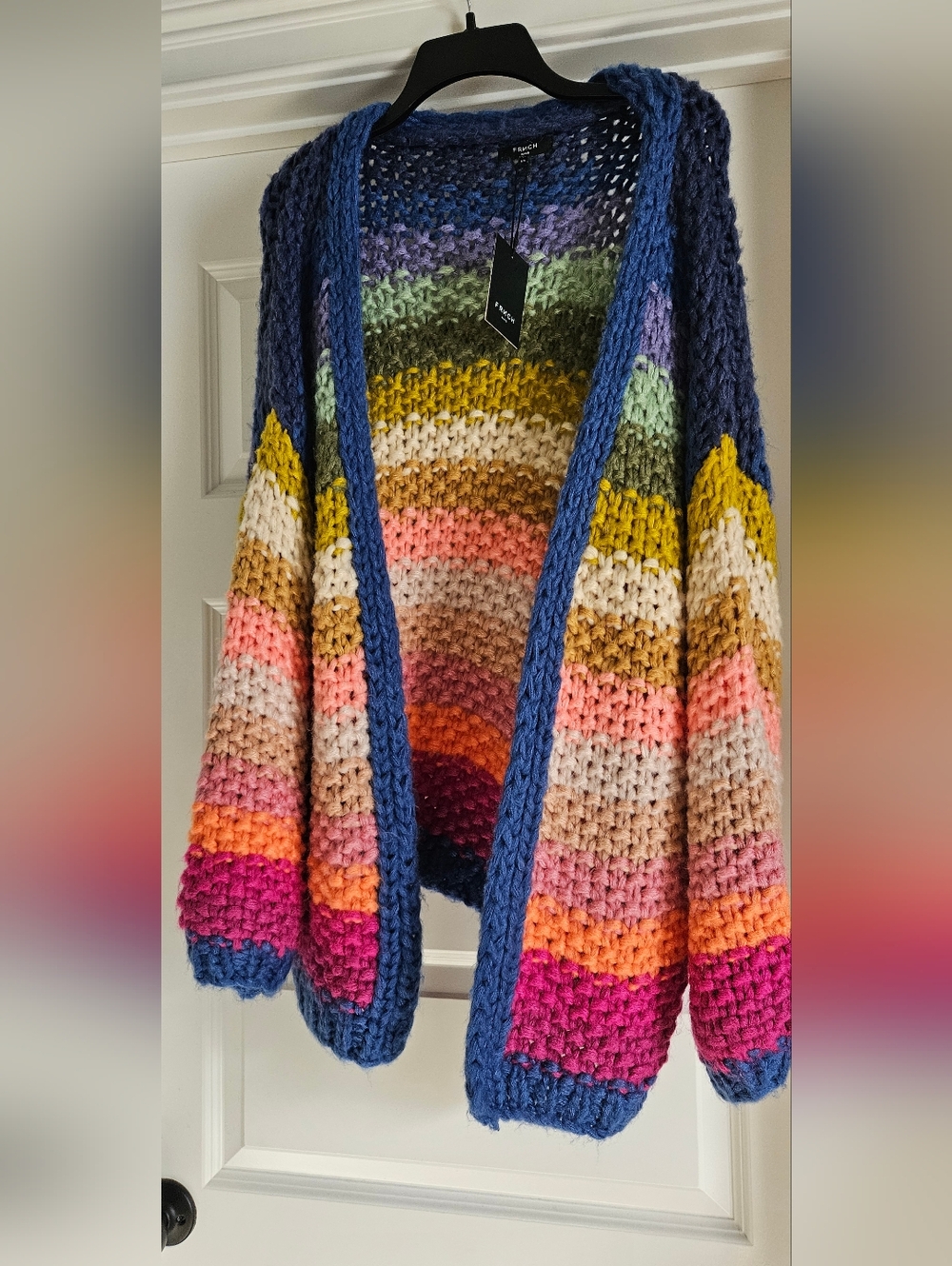 FRNCH  Multicolor Chunky Knit Open Cardigan with Blue Trim
